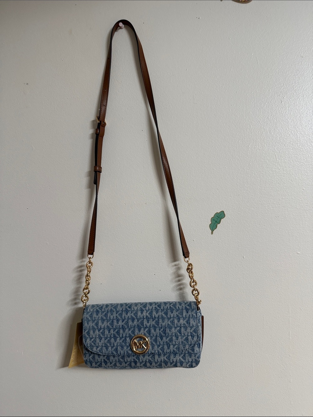 Michael Kors blue Denim MK Logo Crossbody with Brown Leather Strap